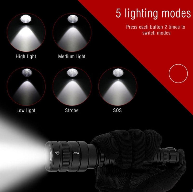 Kraftig Lommelykt 1800lm med batteri og lader