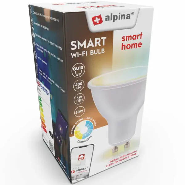 Alpina WiFi Smart Pære GU10 LED- 4,9W Varm/Kjølig Hvit | App-sty