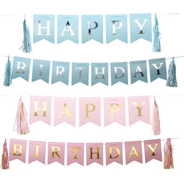 Happy Birthday Flaggbanner Rosa/Blå 3m