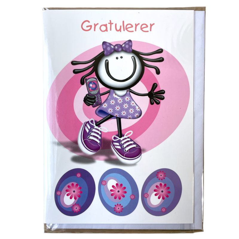 Bursdagskort gratulerer jente rosa og lilla 17x12cm