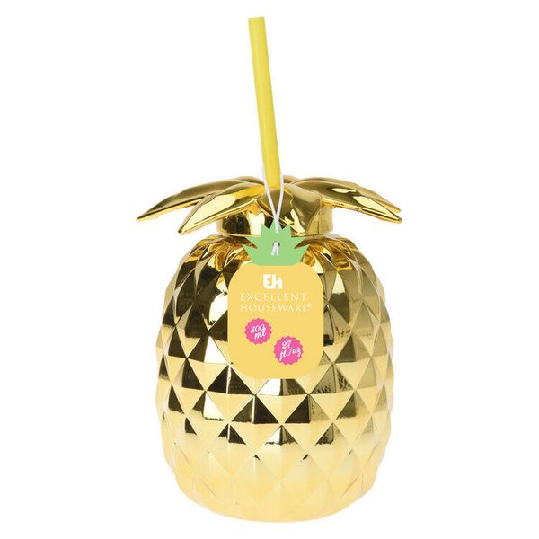 Gullfarget Ananas Kopp Med Sugerør 750ml