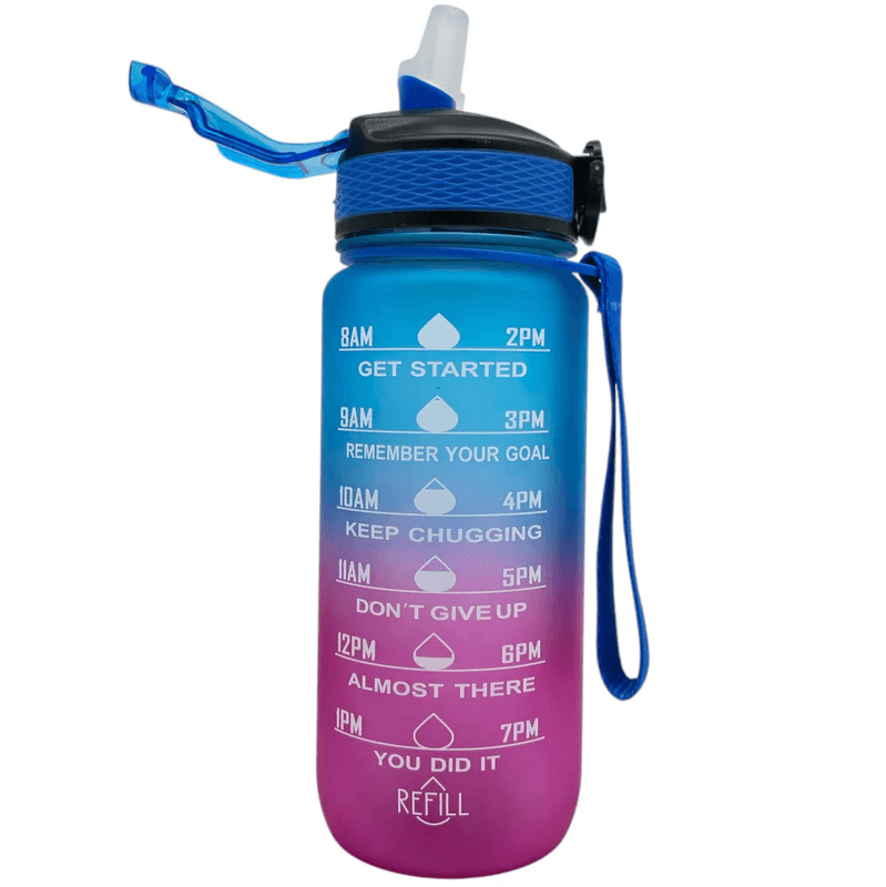 Motivasjonsflaske 600ml blå og rosa | Med drikketut og målestrek