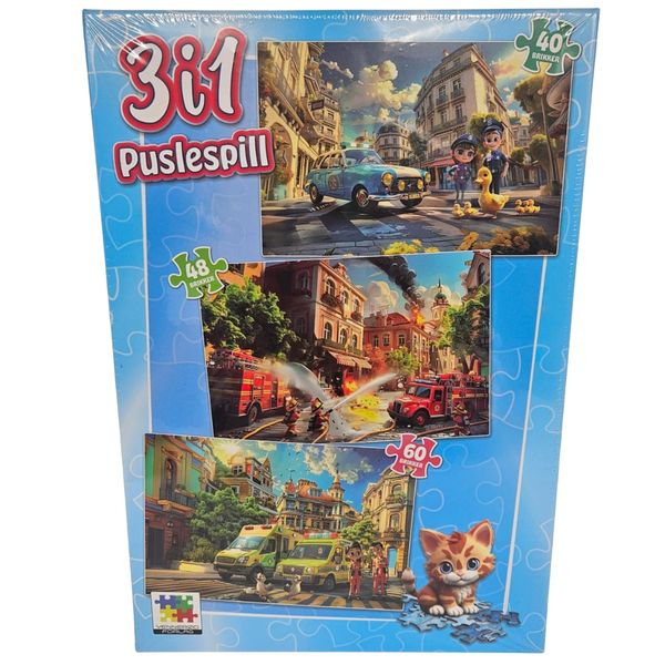 Puslespill 3i1 for barn | Politi Brannvesen Ambulanse | 40-60 brikker