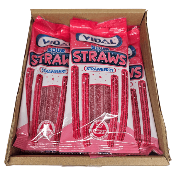 Vidal Sour Straws Jordbær 14x90g | Storpakk surte jordbærsugerør